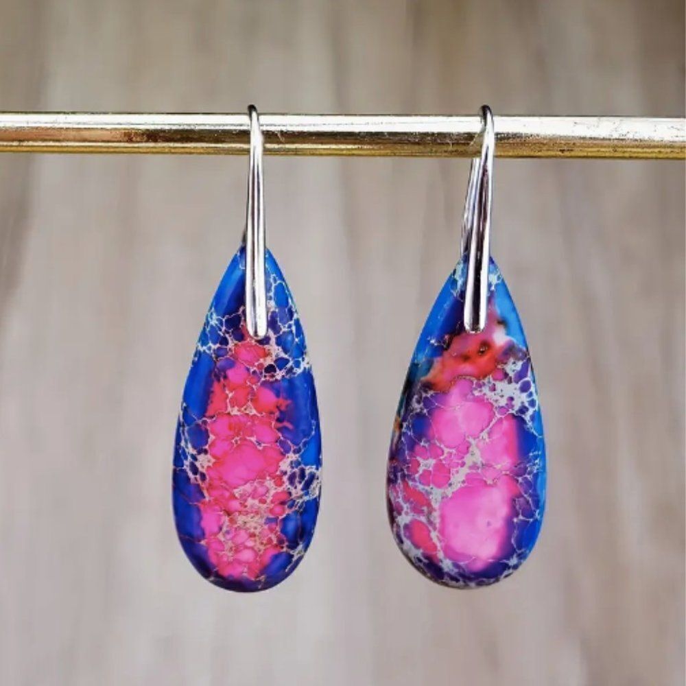 ✨🆕✨💘Exquisite BoHo Emperor Stone Blue & Pink S925 Plated Gems Dangle Earrings✨